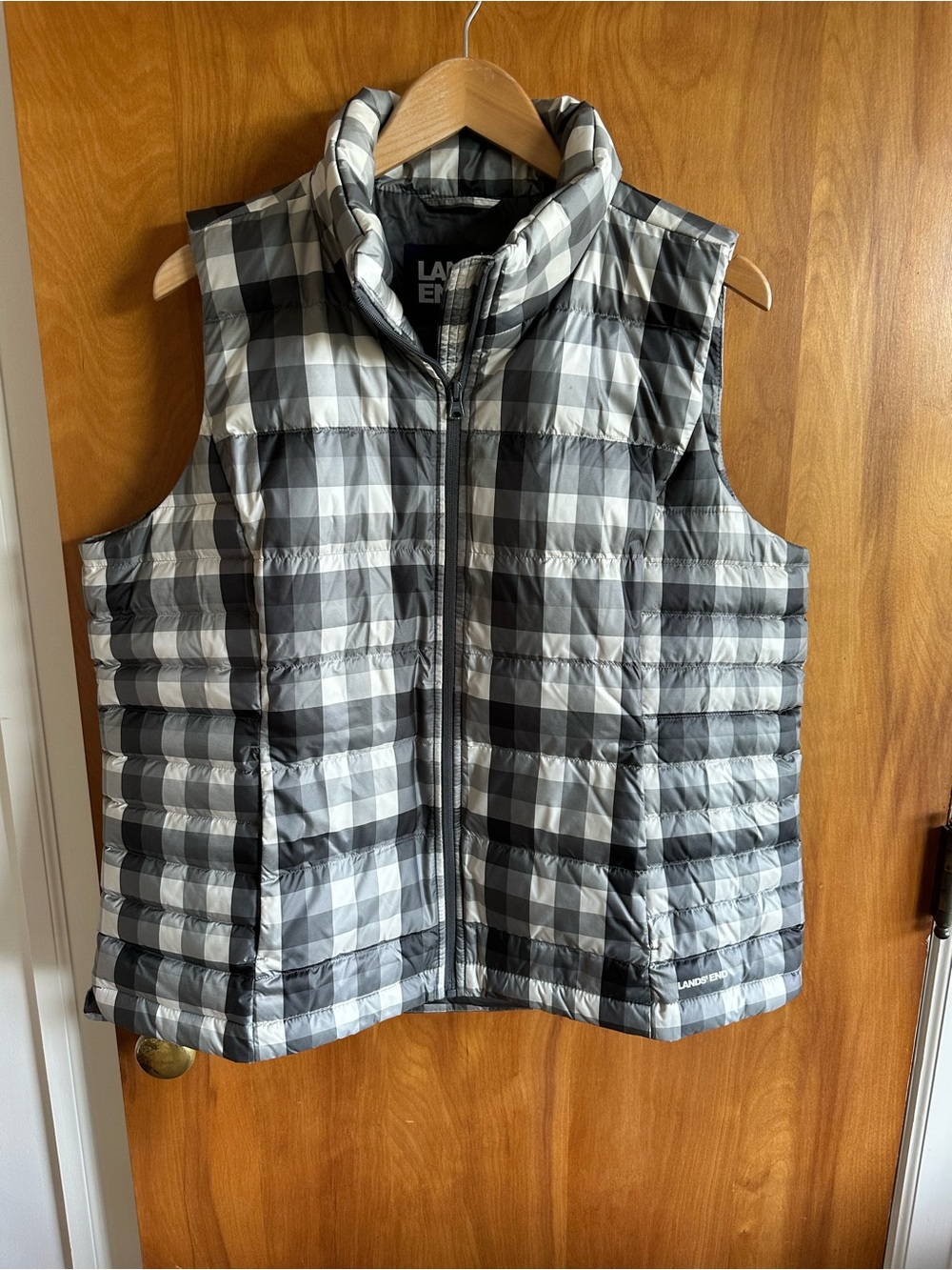 Women’s Lands' End Gray and Black Plaid Puffer Vest